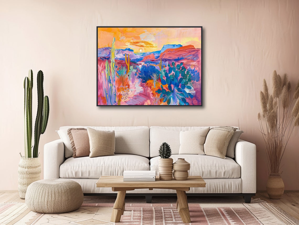 Impressionist Desert Sunset Painting Teal Cactus Red Mesas Wall Poster - Image 3