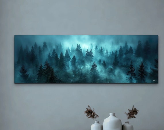 Foggy Pine Forest, Misty Green Forest Art Print
