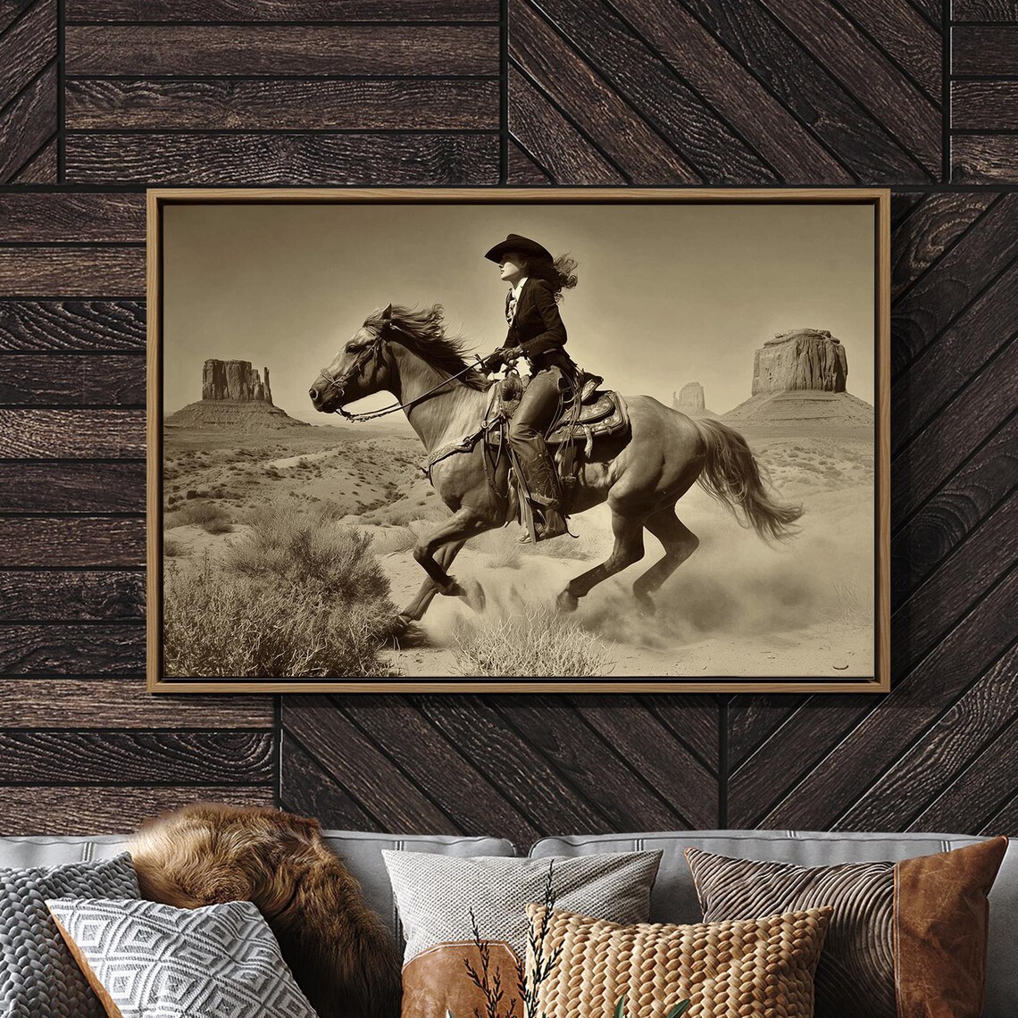 Cowgirl Riding Through Desert Mesas Art Print