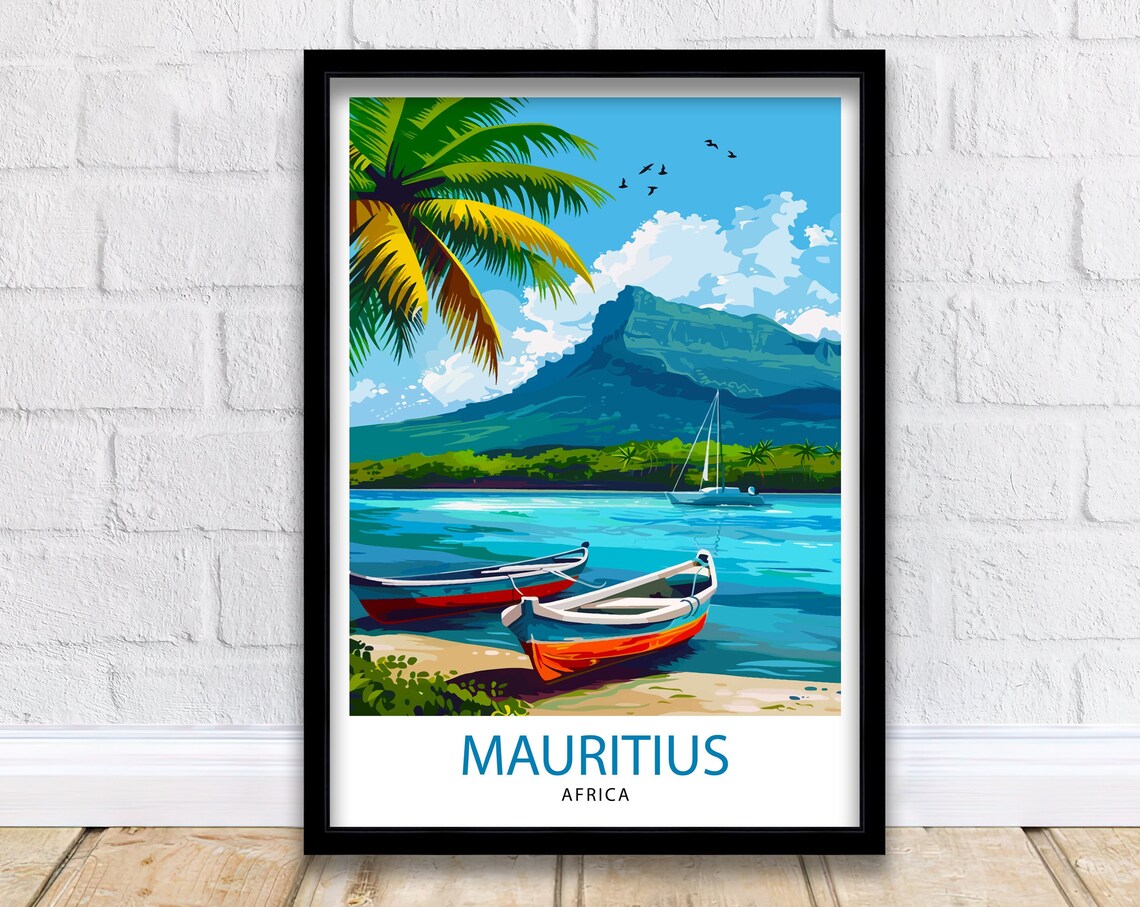 Mauritius Africa Vintage Travel Poster Tropical Beach Sailboat Island