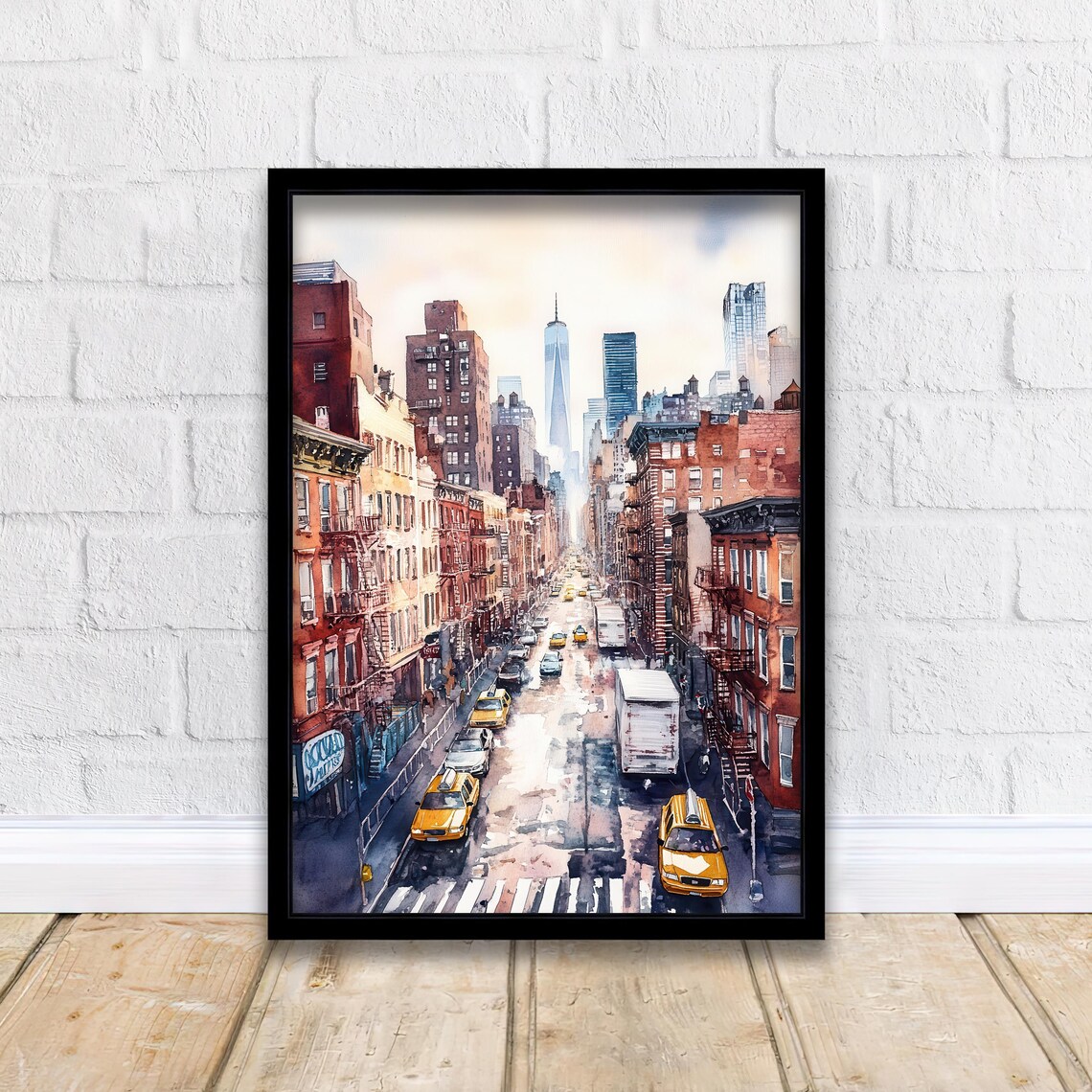 New York City Watercolor Street Yellow Taxis Skyline Art Poster