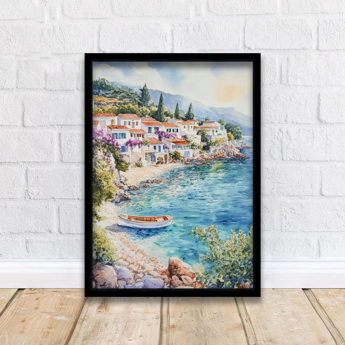 Kefalonia Greece Watercolor Harbor Village Turquoise Bay Poster