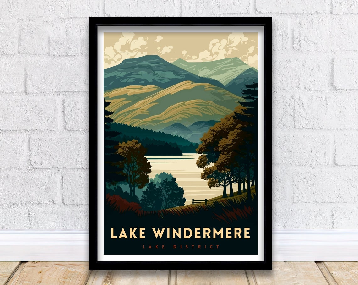 Lake Windermere Lake District Rolling Hills Trees Vintage Style Poster