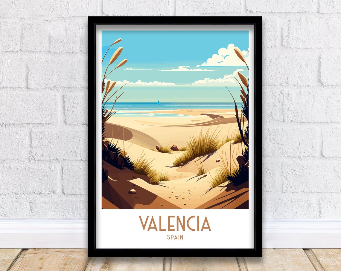 Valencia Spain Sandy Beach Dunes Summer Coast Vintage Travel Poster
