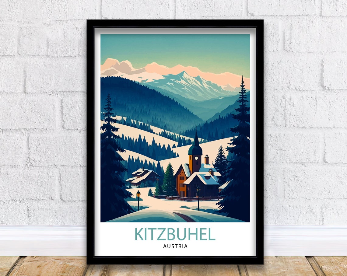 Kitzbuhel Austria Snowy Alpine Village Church Winter Scene Poster