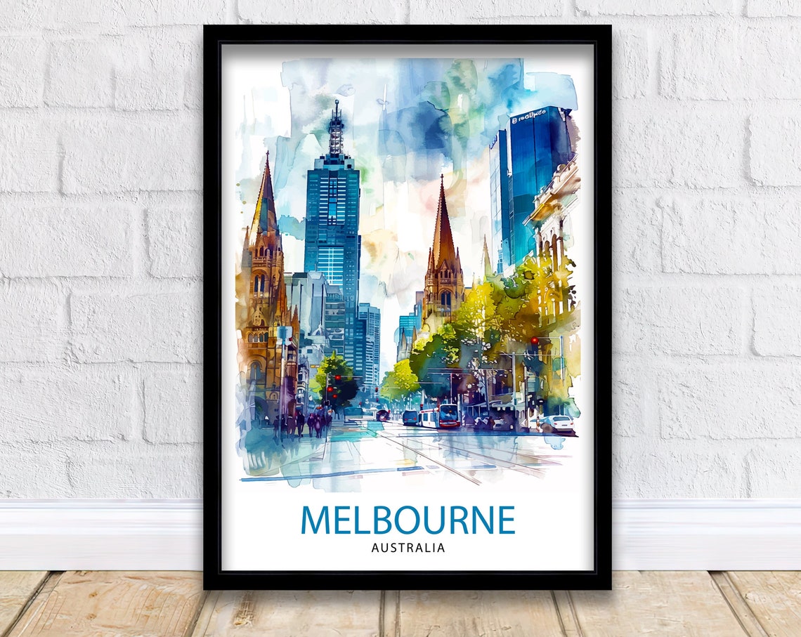 Melbourne Australia Watercolor Cityscape Street Scene Poster