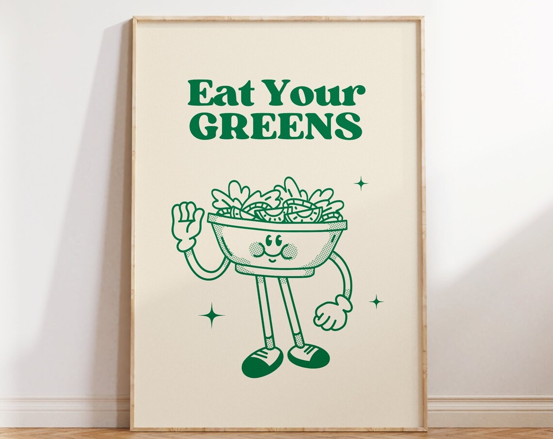 Retro Kitchen Wall Art Eat Your Greens Print Cute Retro Kitchen Decor Funny Kitchen Print Trendy Typography Art Instant