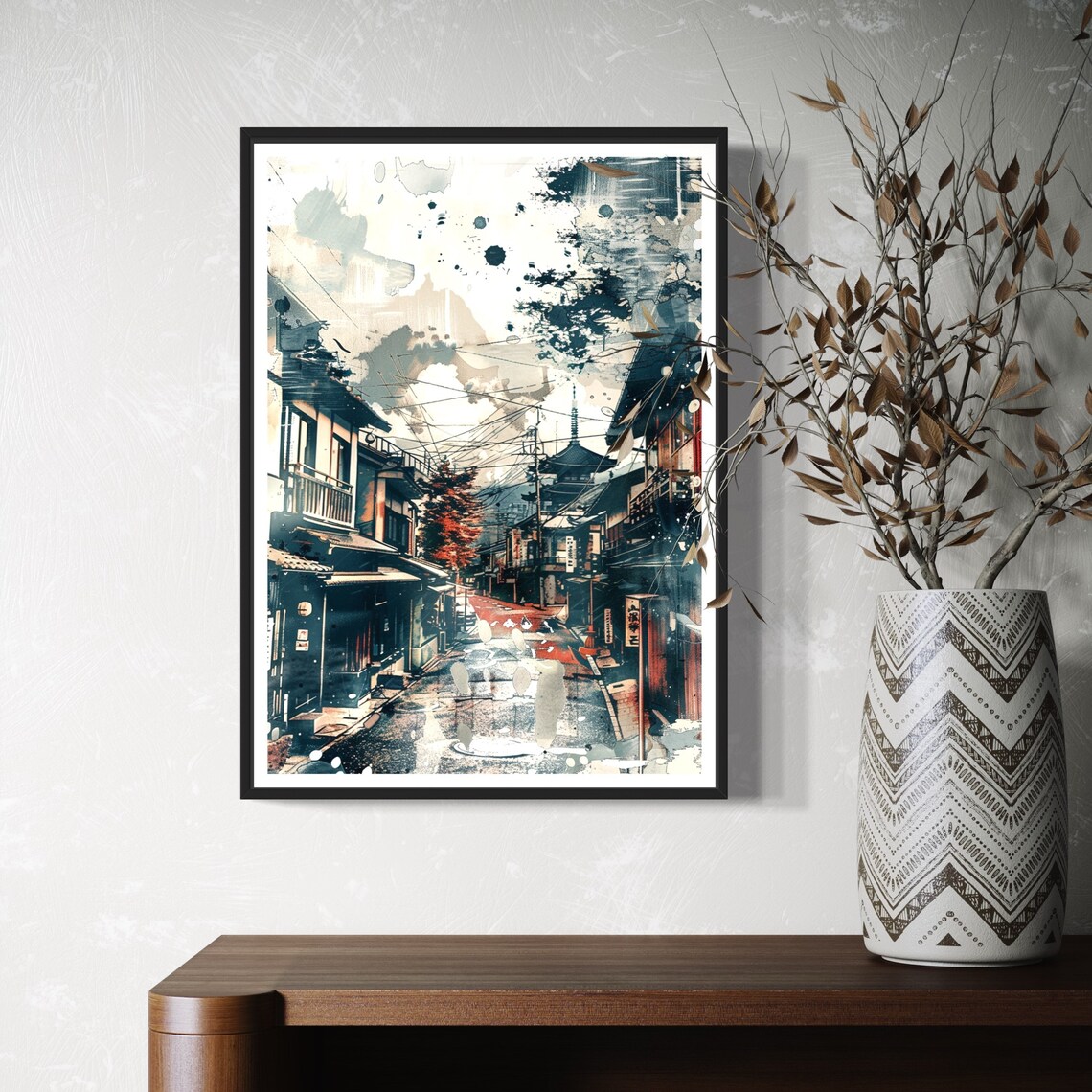 Japan Traditional Street Pagoda Monochrome Ink Red Maple Accent Poster - Image 2
