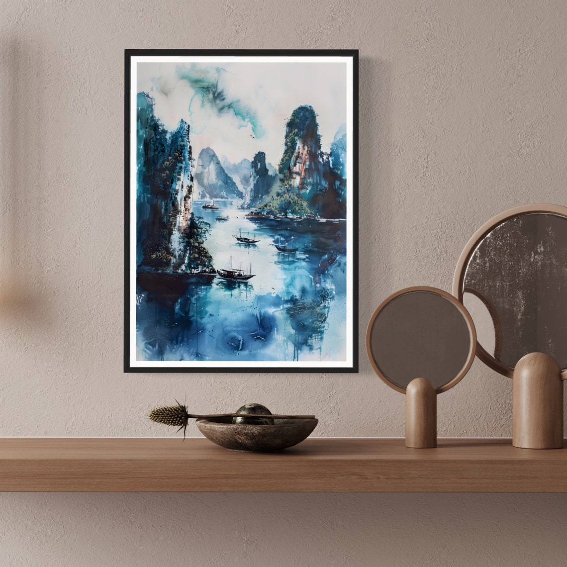 Halong Bay Vietnam Art Print Blue Watercolour Vietnamese Landscape Traditional Boat Painting Travel Gift Souvenir National Park Poster - Image 4