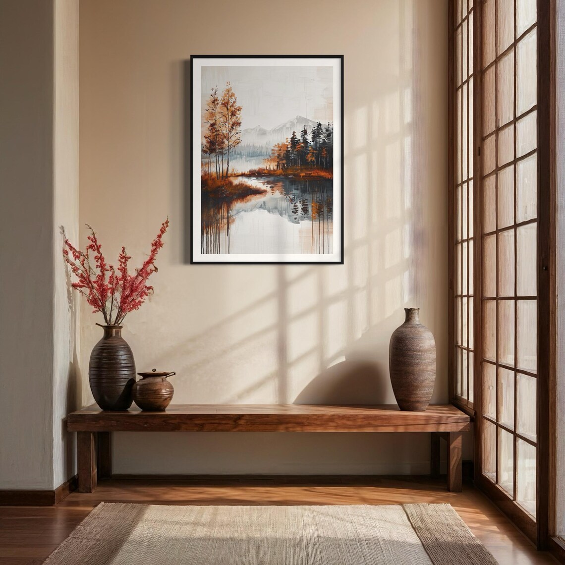 Minimalist Autumn Mountain Lake Reflection Watercolor Art Print - Image 3