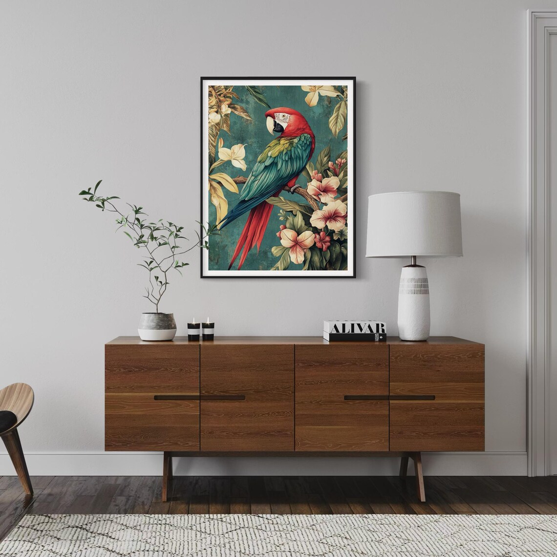 Scarlet Macaw Parrot Tropical Hibiscus Vintage Wildlife Bird Poster - Image 2