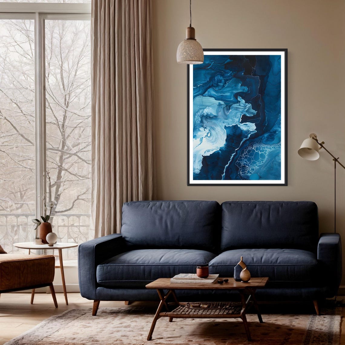 Deep Blue Ocean Abstract Fluid Ink Marble Contemporary Art Print - Image 4
