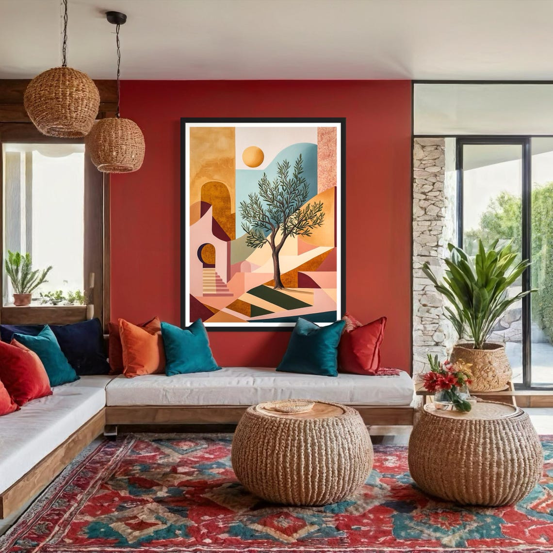 Olive Tree Art Print Modern Minimalist Kitchen Wall Decor Geometric Shapes Abstract Artwork Mediterranean Architecture Painting Gift - Image 3