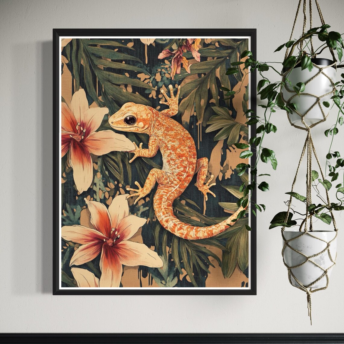 Orange Gecko Tropical Lily Flowers Vintage Wildlife Reptile Art Print - Image 3
