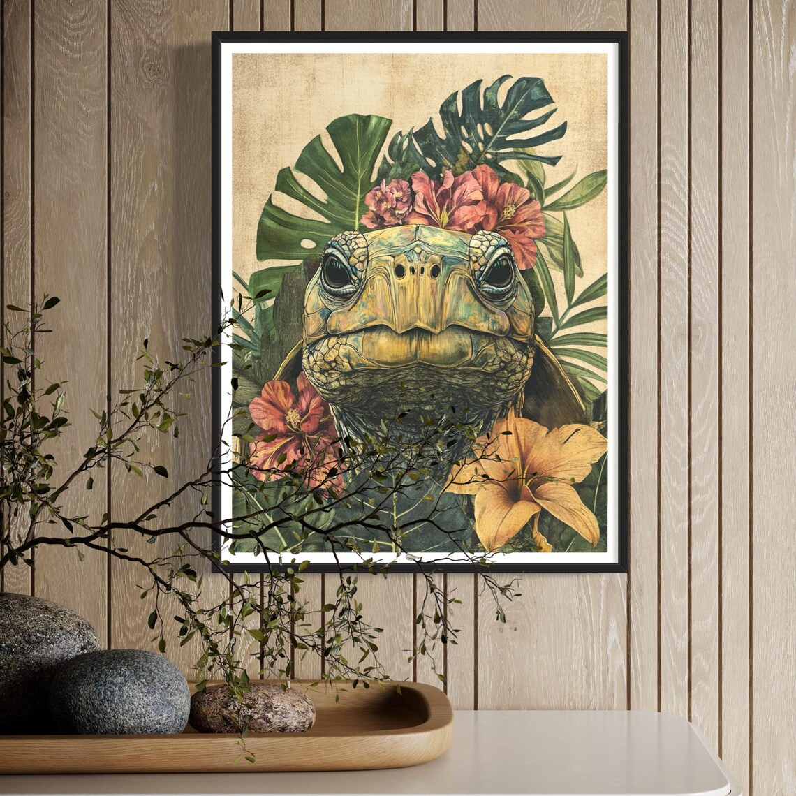 Tortoise With Monstera & Hibiscus, Tropical Art Print - Image 3