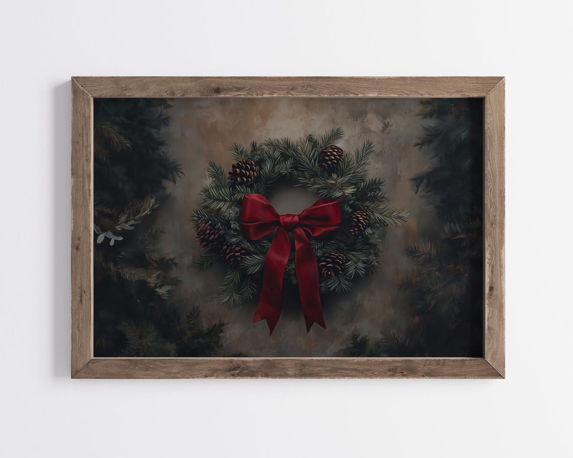 Moody Christmas Wreath Pinecones Red Bow Dark Holiday Poster - Image 3
