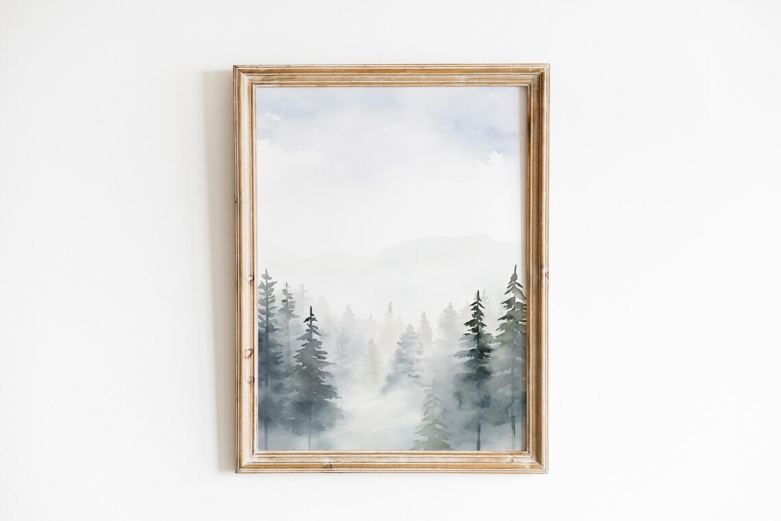 Misty Pine Forest Minimalist Watercolor Winter Landscape Poster - Image 3