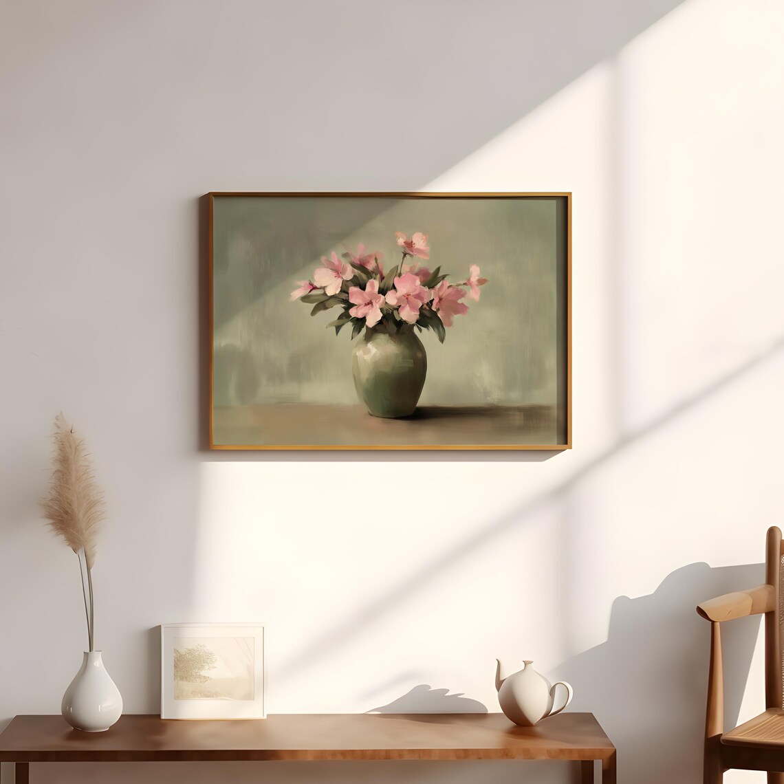 Pink Wildflowers in Green Vase Sage Still Life Painting Art Print - Image 2