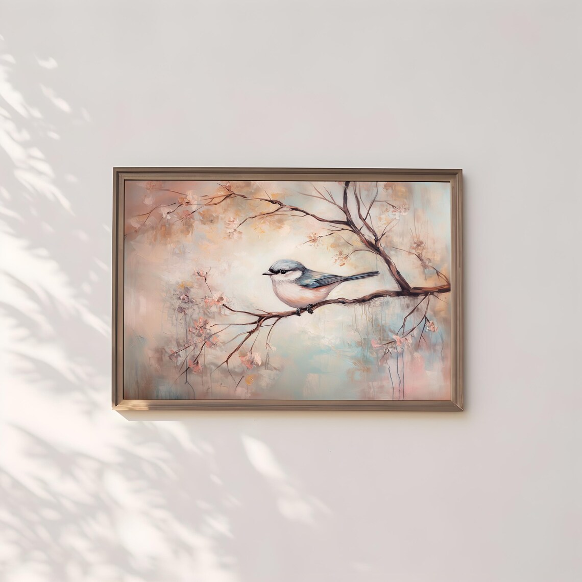 Blue Gray Songbird On Cherry Blossom Branch Peach Pastel Spring Poster Art - Image 3