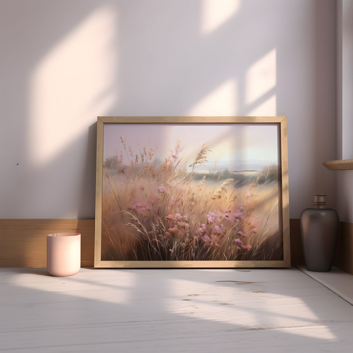 Golden Wheat Field Wildflowers Dawn Prairie Landscape Wall Art - Image 3