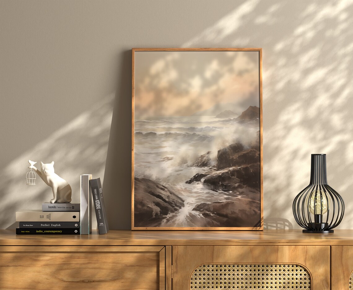 Moody Sunset Waves Crashing On Dark Rocky Coast Seascape Poster - Image 3