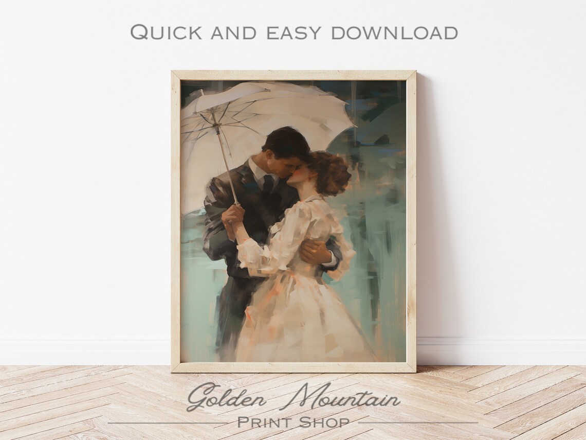 Romantic Couple Kiss Under Umbrella Rainy Day Vintage Oil Poster - Image 2