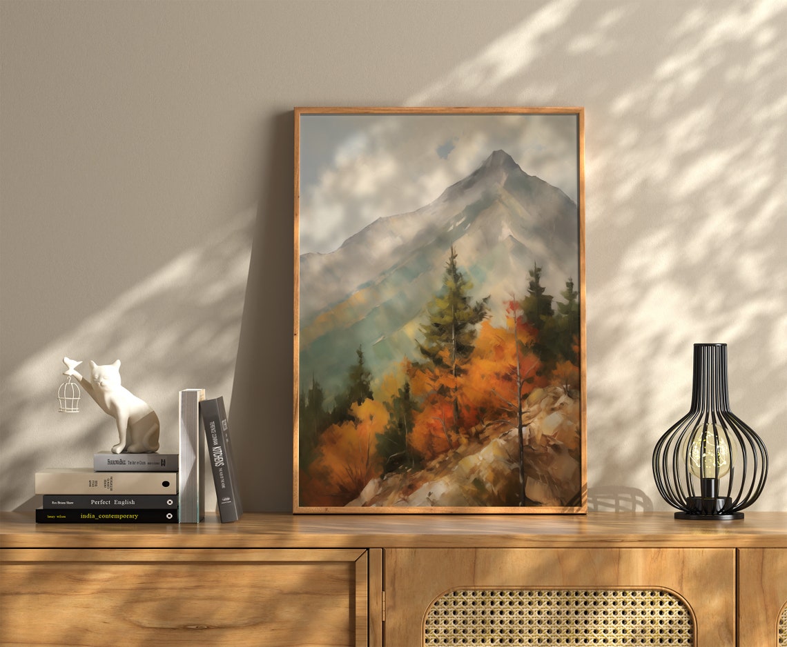 Mountain Peak Green Slopes Orange Autumn Trees Landscape Poster - Image 3