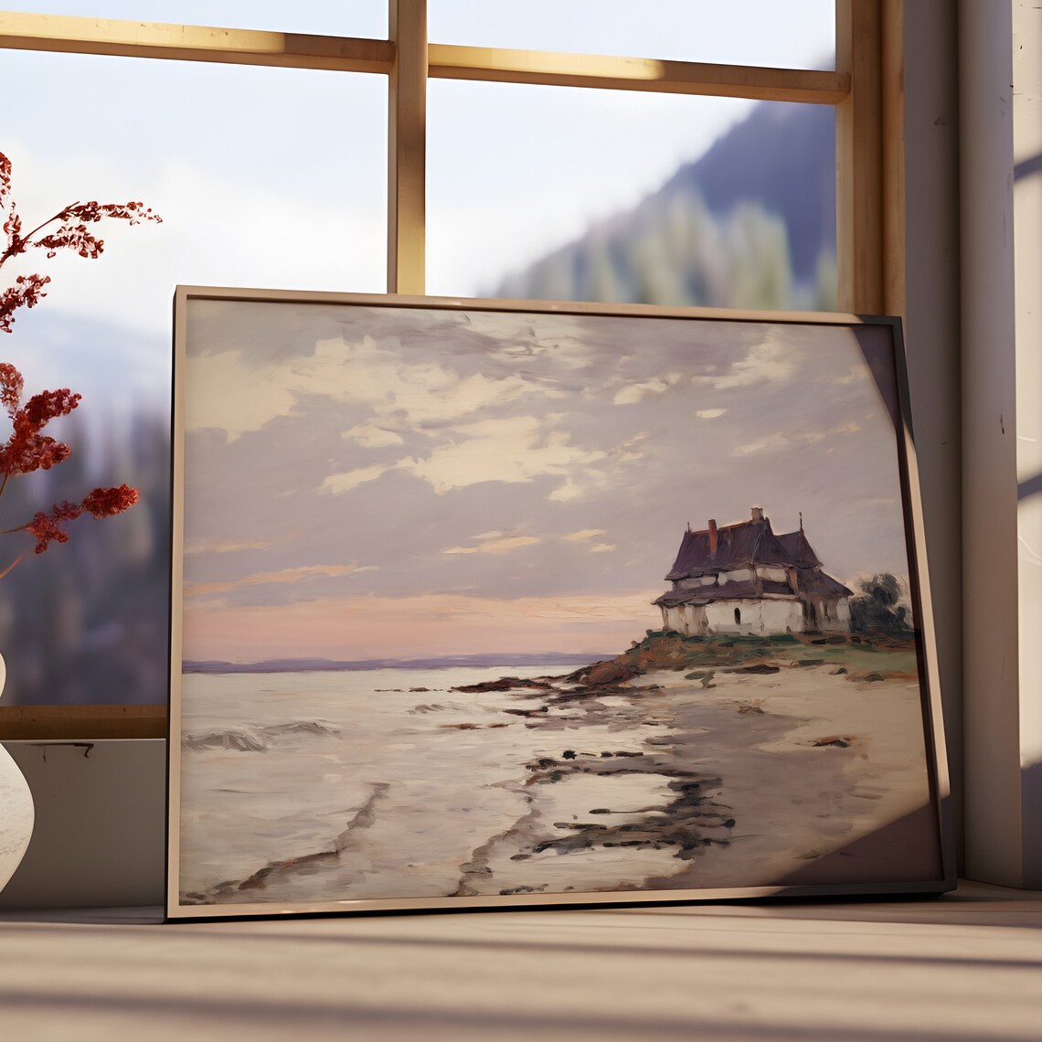 Seaside Cottage On Rocky Shore At Pink Dusk Sky Seascape Poster - Image 3