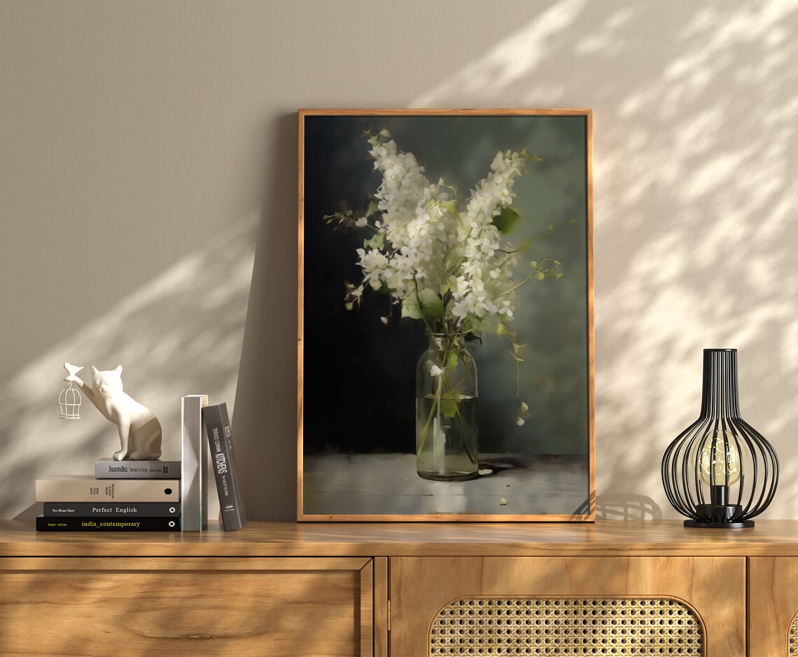 White Lilac Blossoms in Glass Vase Dark Moody Still Life Oil Print - Image 2