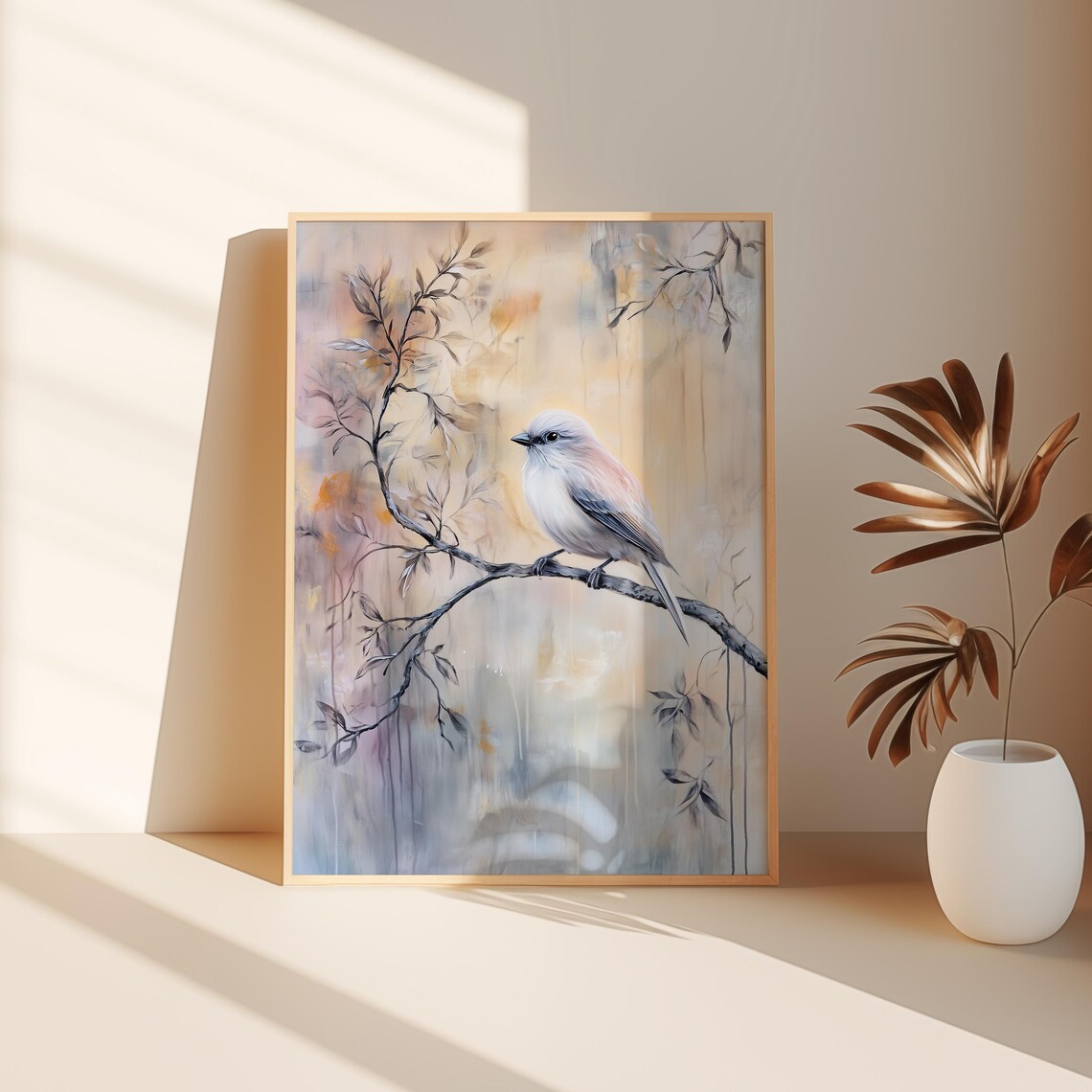 Pale Songbird on a Branch Dreamy Pastel Bird Painting Wall Art - Image 2
