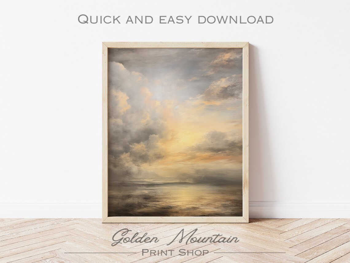 Golden Cloudy Sunset Over Calm Sea Moody Ocean Painting Print - Image 2