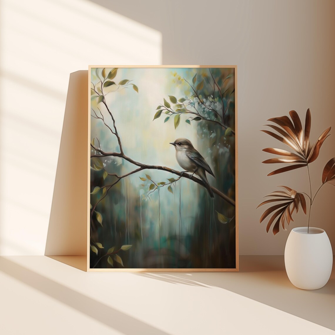 Gray Songbird on Branch Pastel Spring Watercolor Painting Bird Poster - Image 2