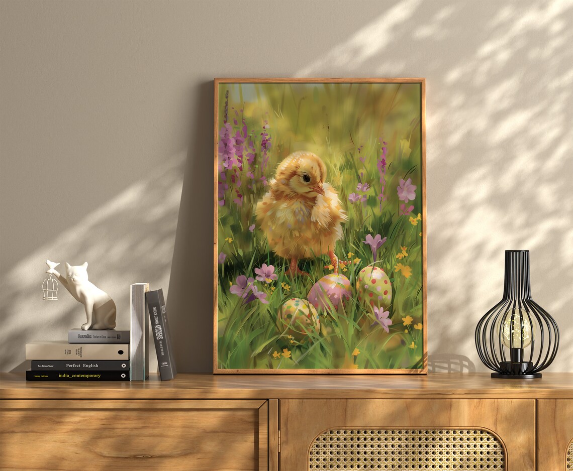 Easter Chick Oil Painting Spring Wildflower Farmhouse Wall Art - Image 3