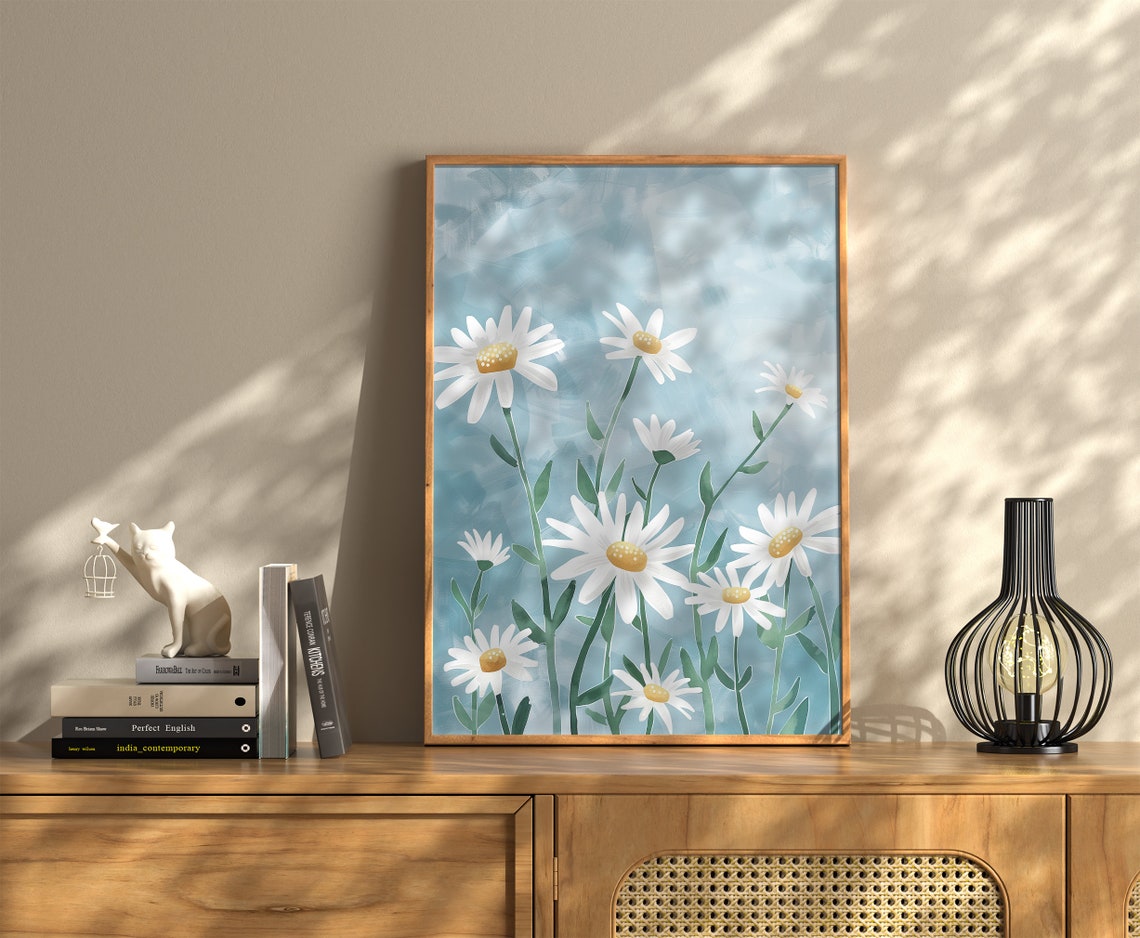 Cheerful White Daisies on Blue Background Modern Floral Art Poster - Image 3