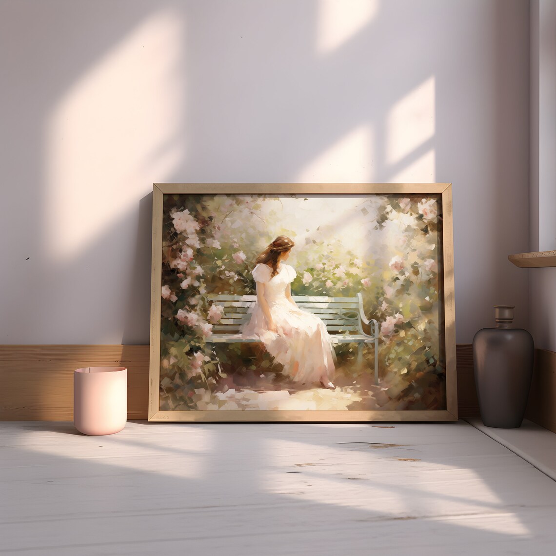 Woman in White Dress Rose Garden Impressionist Summer Wall Art - Image 2