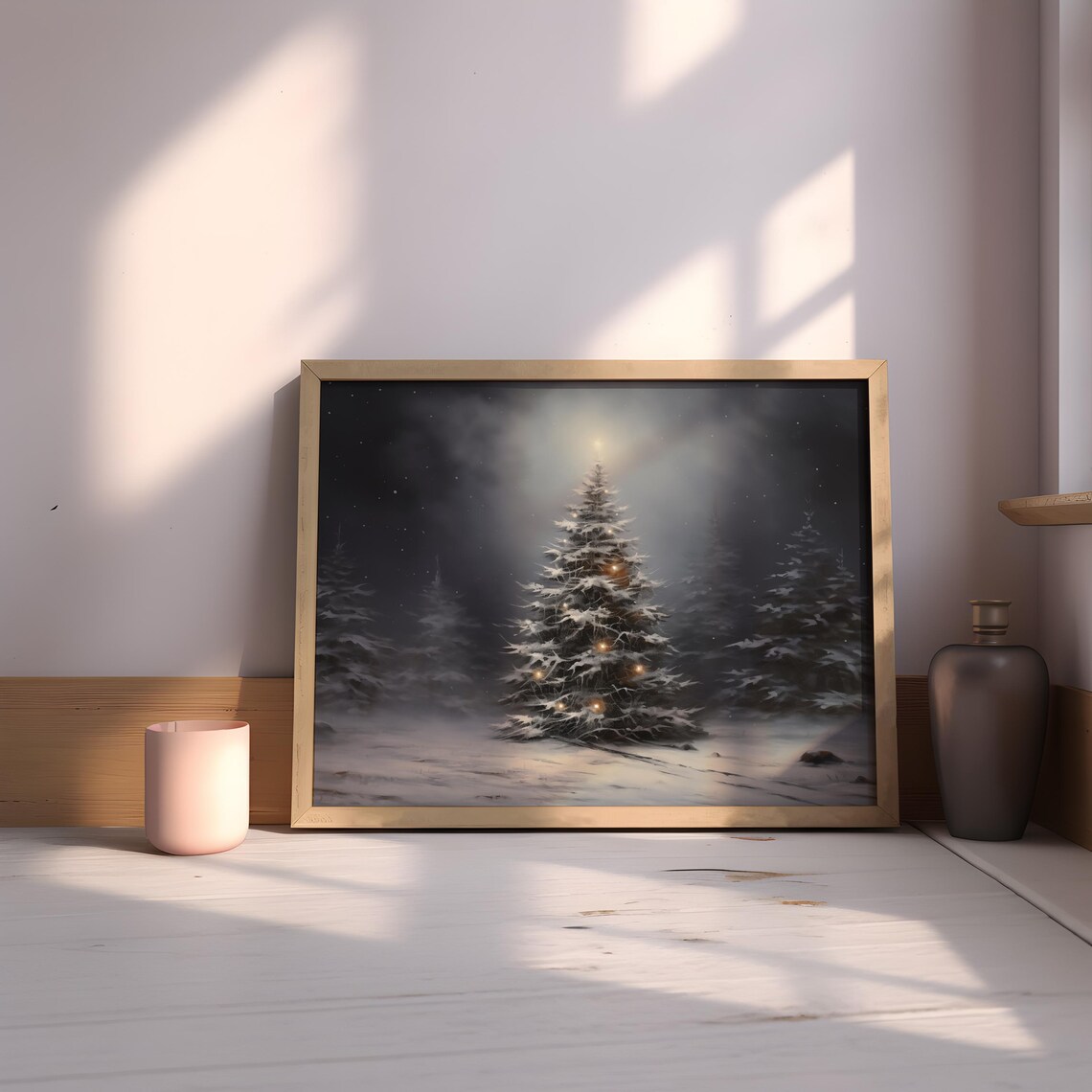Snowy Christmas Tree With Warm Lights Night Forest Holiday Poster - Image 2