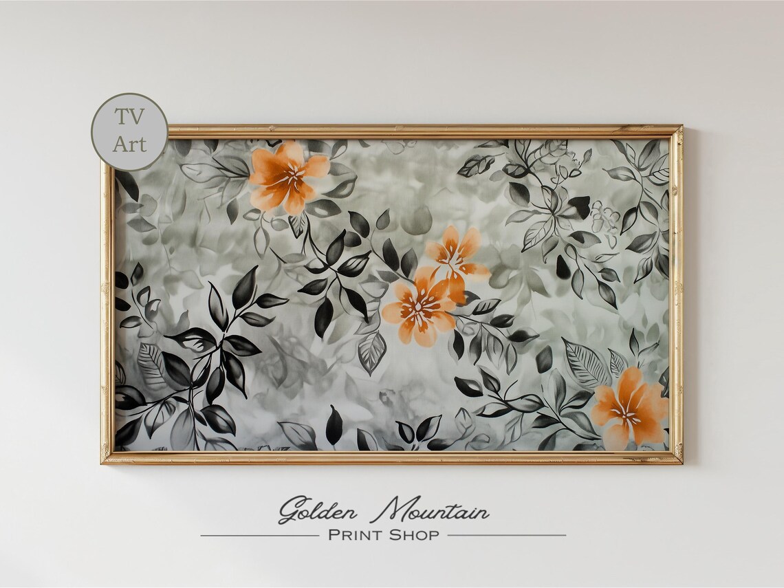 Orange Blossom Floral Black Leaf Chinoiserie Frame TV Art Print - Image 2