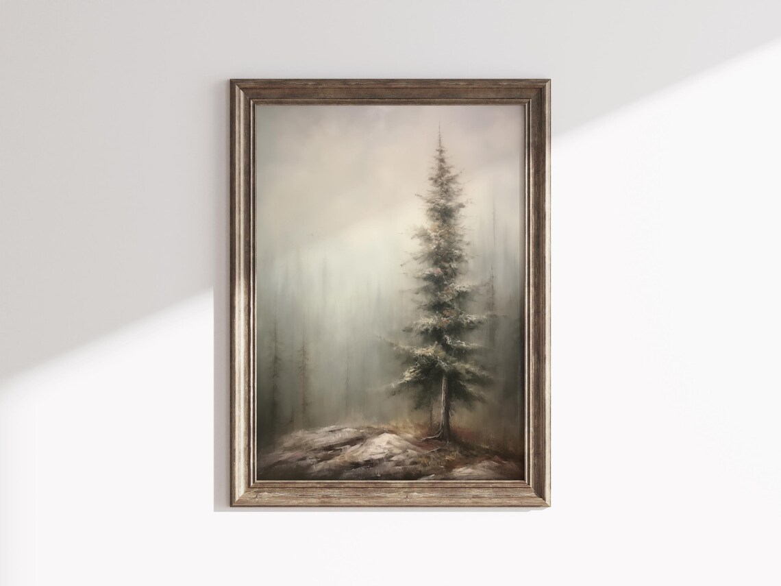 Lone Pine Tree Misty Fog Winter Christmas Tree Vintage Poster - Image 2