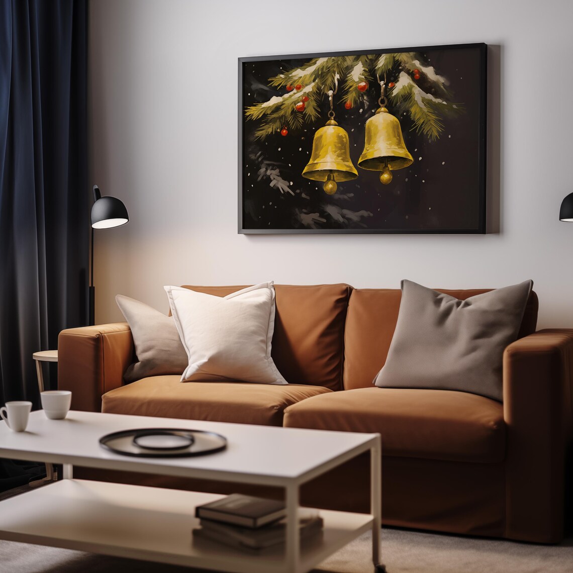Golden Jingle Bells Hanging From Snowy Pine Branch Night Poster - Image 2