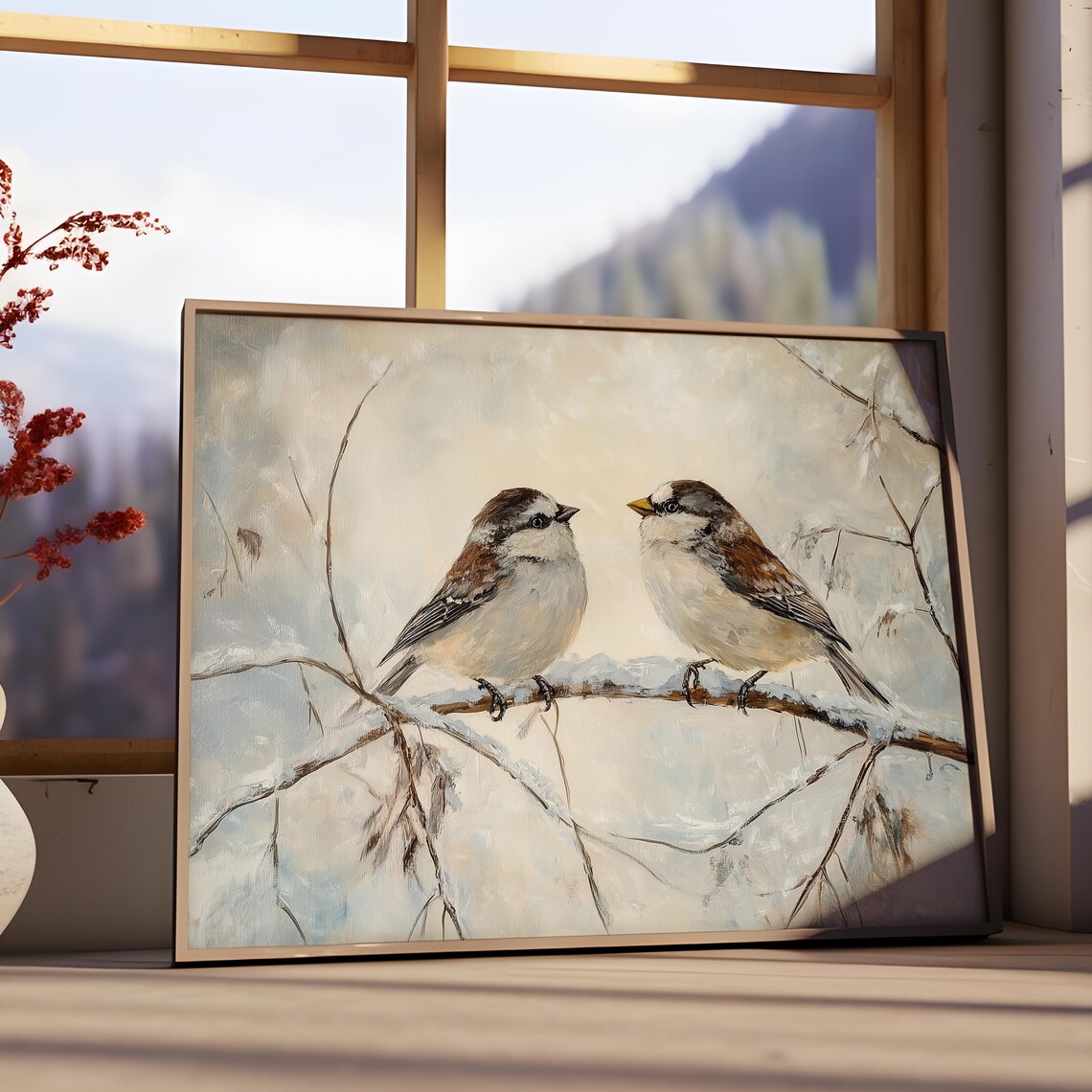 Sparrows on Snow Covered Branch Winter Songbirds Pair Wall Art - Image 3