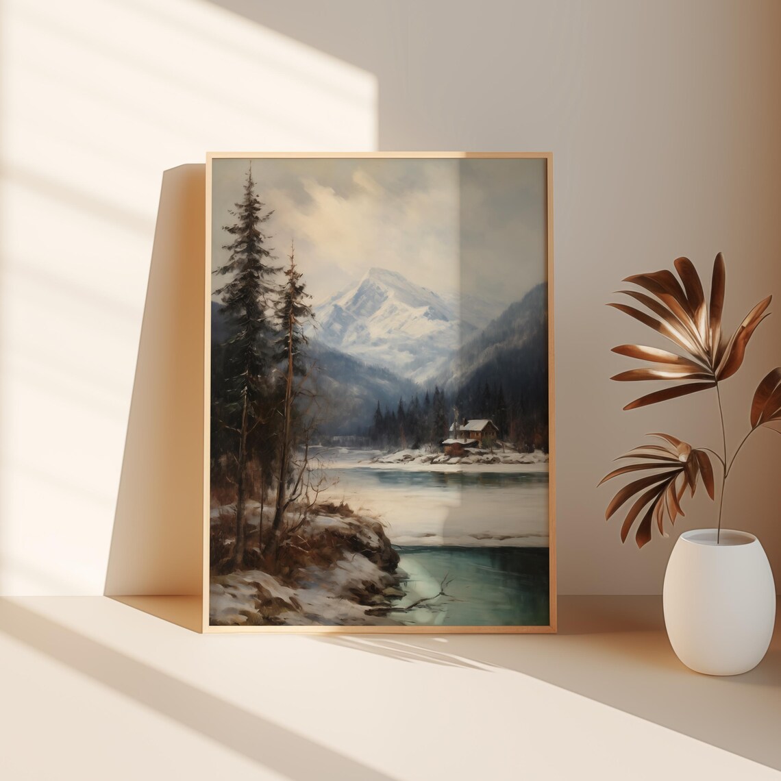 Snowy Mountain Cabin On Frozen Lake With Tall Pines Winter Poster - Image 3