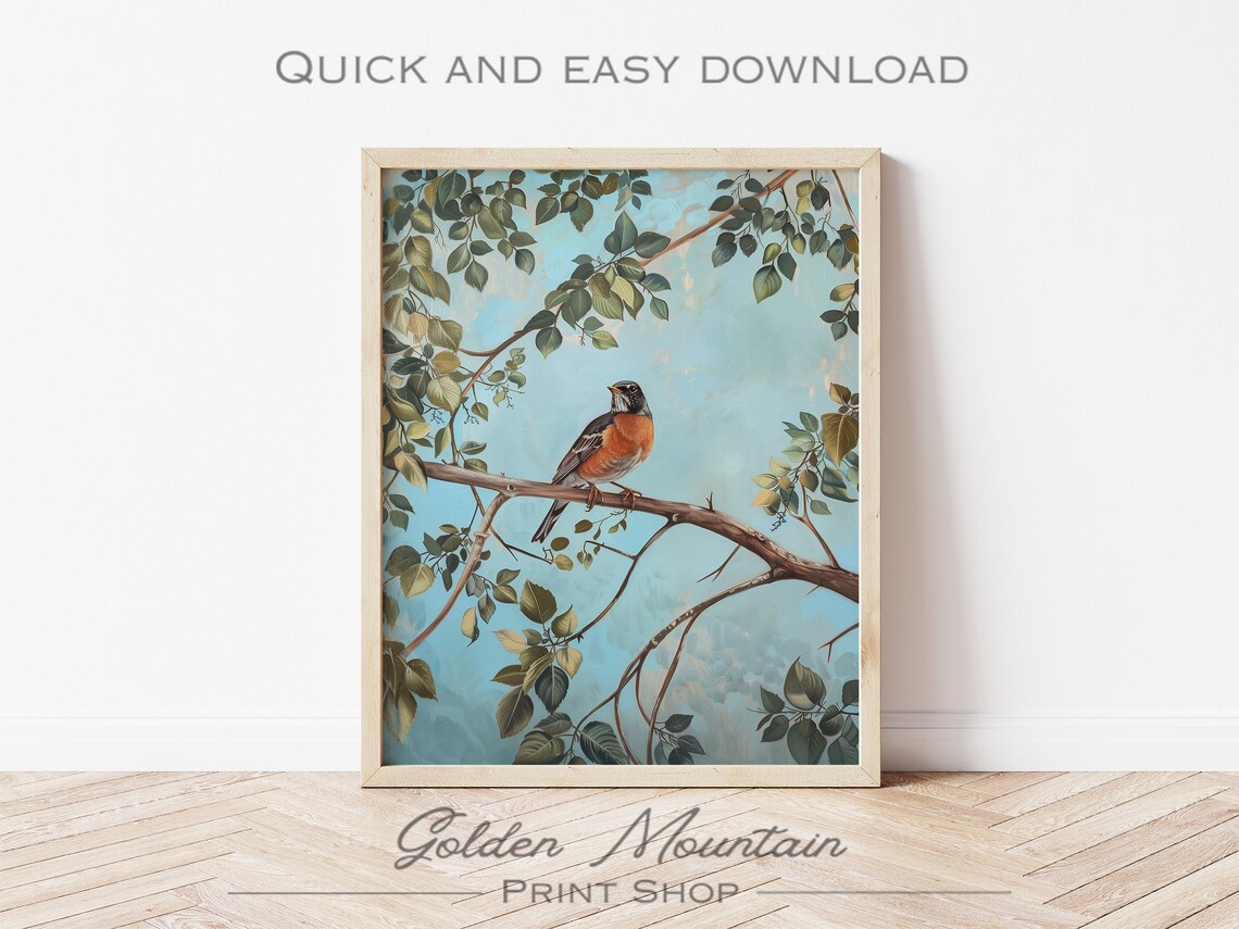 American Robin Perched Branch Spring Leaves Garden Bird Poster - Image 3