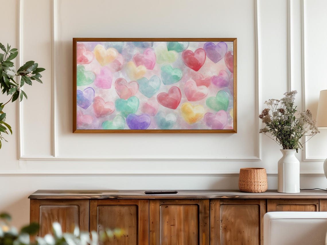 Pastel Watercolor Candy Heart Pattern Valentines Frame TV Art Print - Image 3