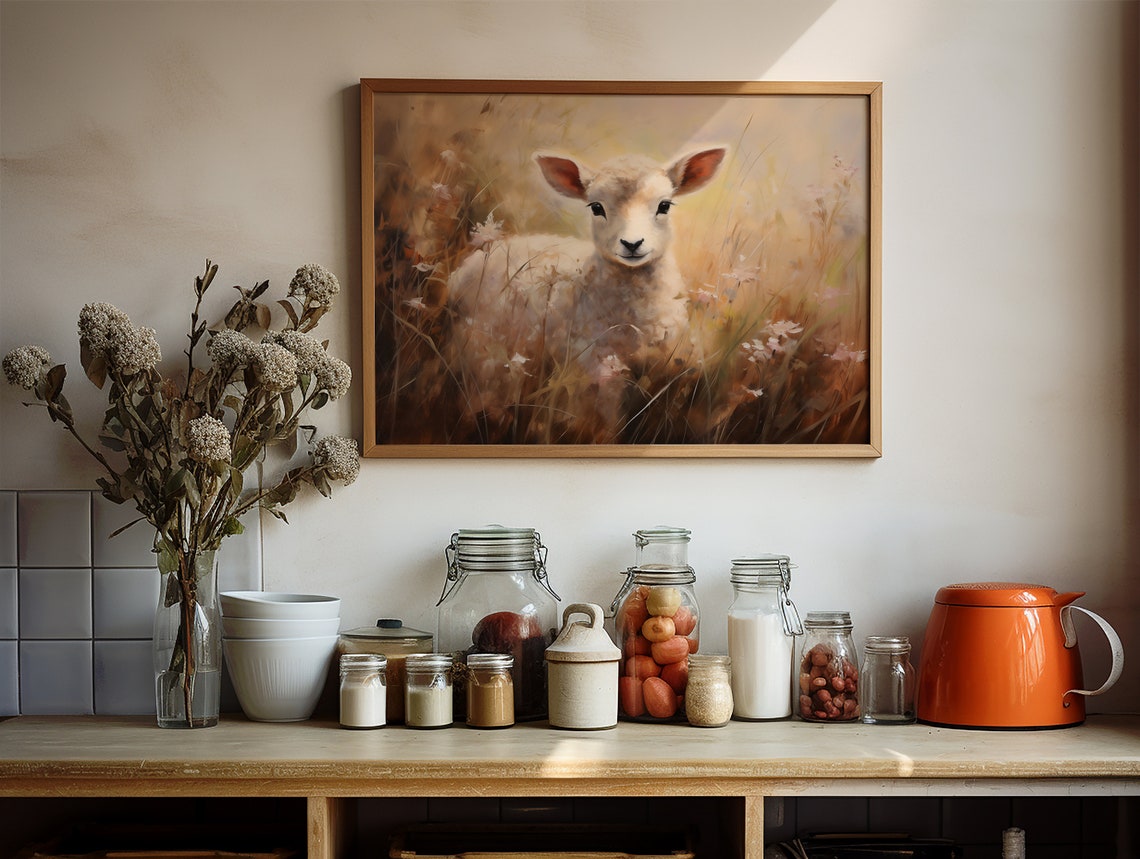 Adorable Lamb in Golden Spring Meadow Pastel Rustic Farm Animal Poster - Image 2