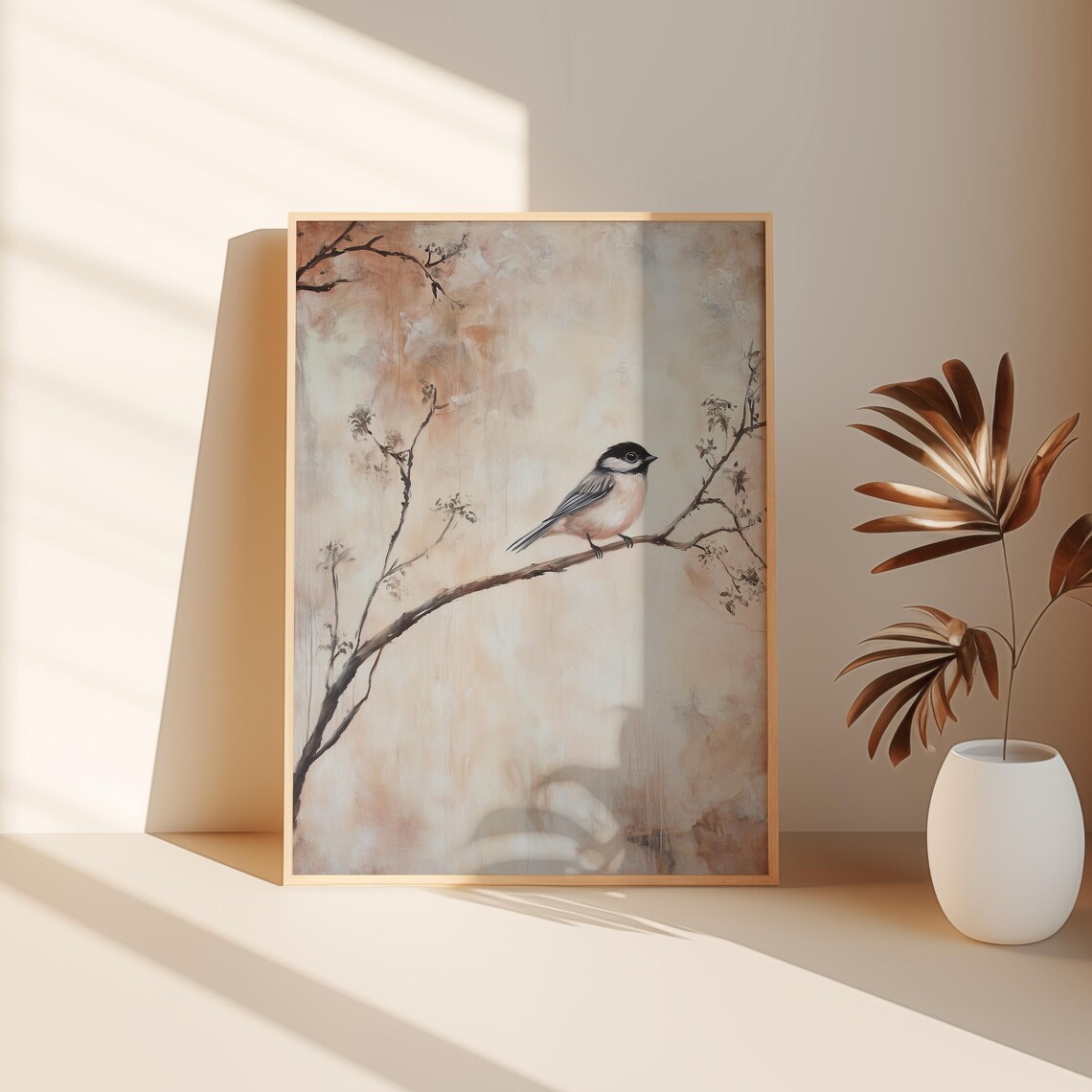Black Capped Chickadee Bird Perched On Bare Branch Neutral Beige Poster - Image 3