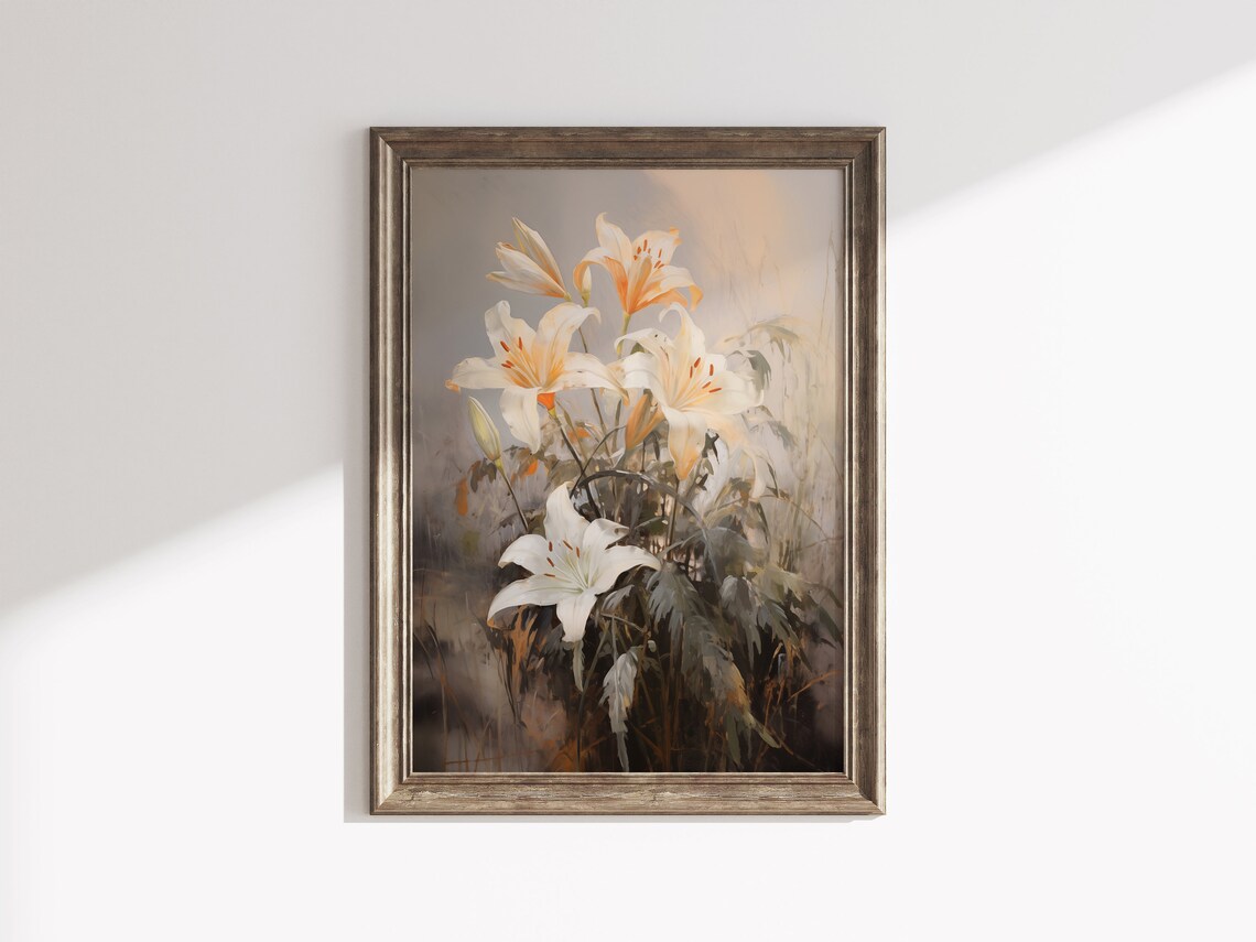 Antique Moody Lily Painting Art Dark Floral Wall Art Dark Academia Decor Vintage Moody Botanical Wall Art Dark Flower Painting - Image 2