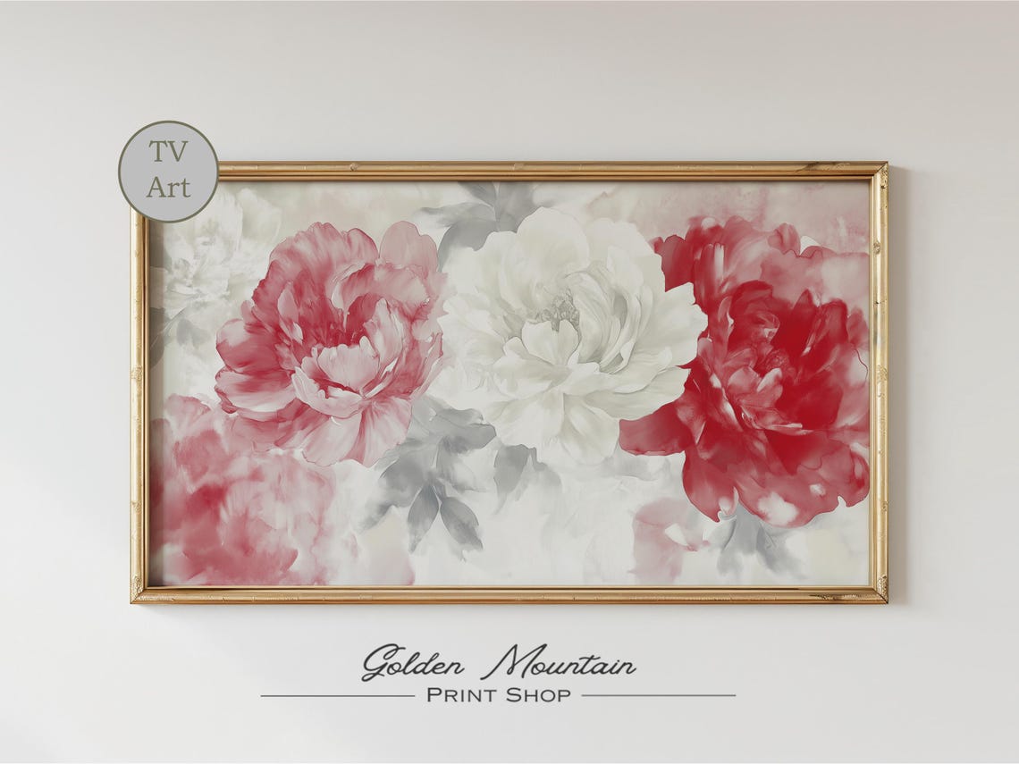 Abstract Red Pink and White Peonies Bold Watercolor Bloom Poster - Image 2