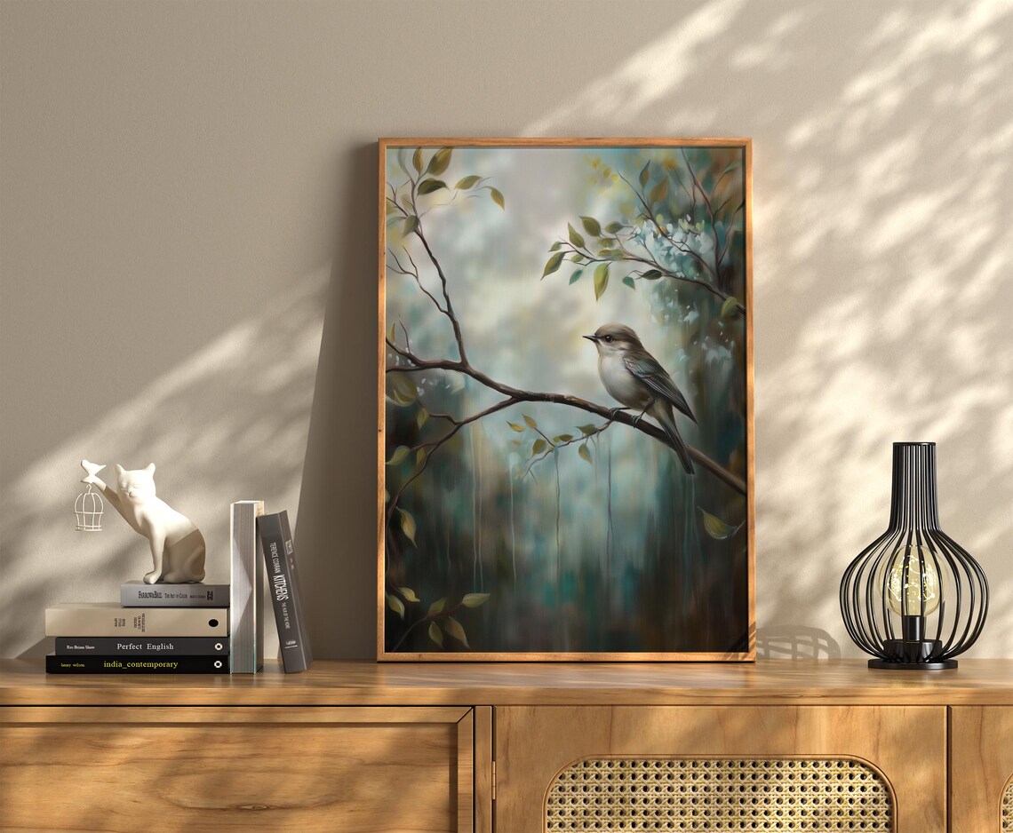 Gray Songbird on Branch Pastel Spring Watercolor Painting Bird Poster - Image 3