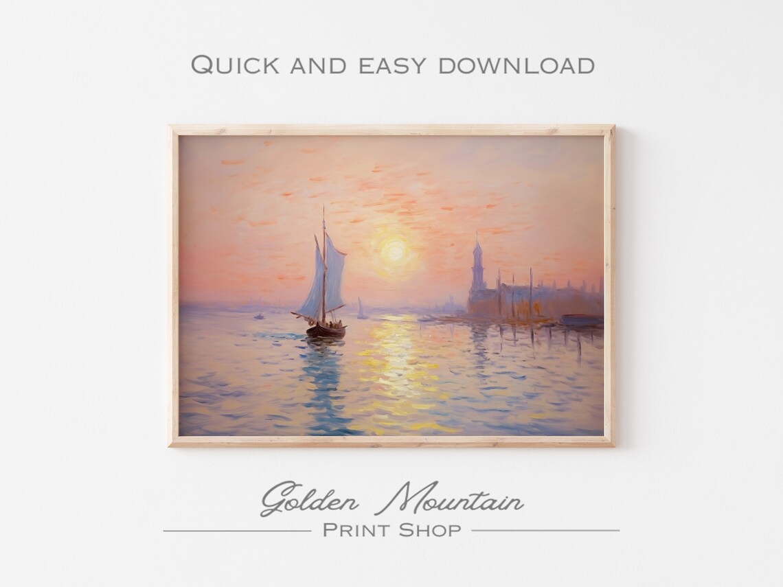 Impressionist Sunrise Over Harbor With Sailboat And Reflections Poster - Image 3