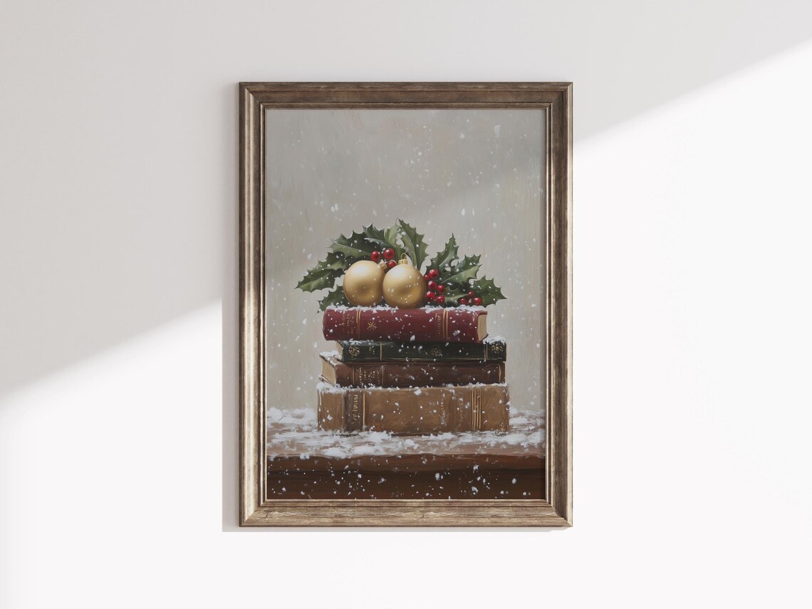 Christmas Book Stack Gold Ornaments Snowy Holly Vintage Decor Poster - Image 2
